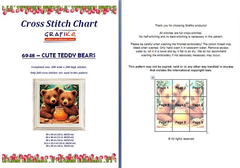 May include: Cross stitch chart titled "6948 - CUTE TEDDY BEARS" by Grafiko. The image features a framed cross-stitch design of two brown teddy bears with a honey pot. The chart includes size details in inches and centimeters.