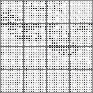 May include: A black and white cross-stitch pattern with various symbols, including T's, L's, circles, and arrows. The design is divided into multiple squares, creating a grid-like appearance. The pattern is suitable for needlepoint or cross-stitch projects.