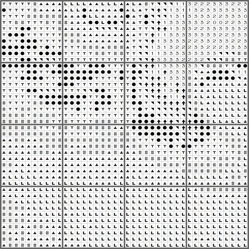 May include: A black and white cross-stitch pattern with various symbols, including T's, L's, circles, and arrows. The design is divided into multiple squares, creating a grid-like appearance. The pattern is suitable for needlepoint or cross-stitch projects.