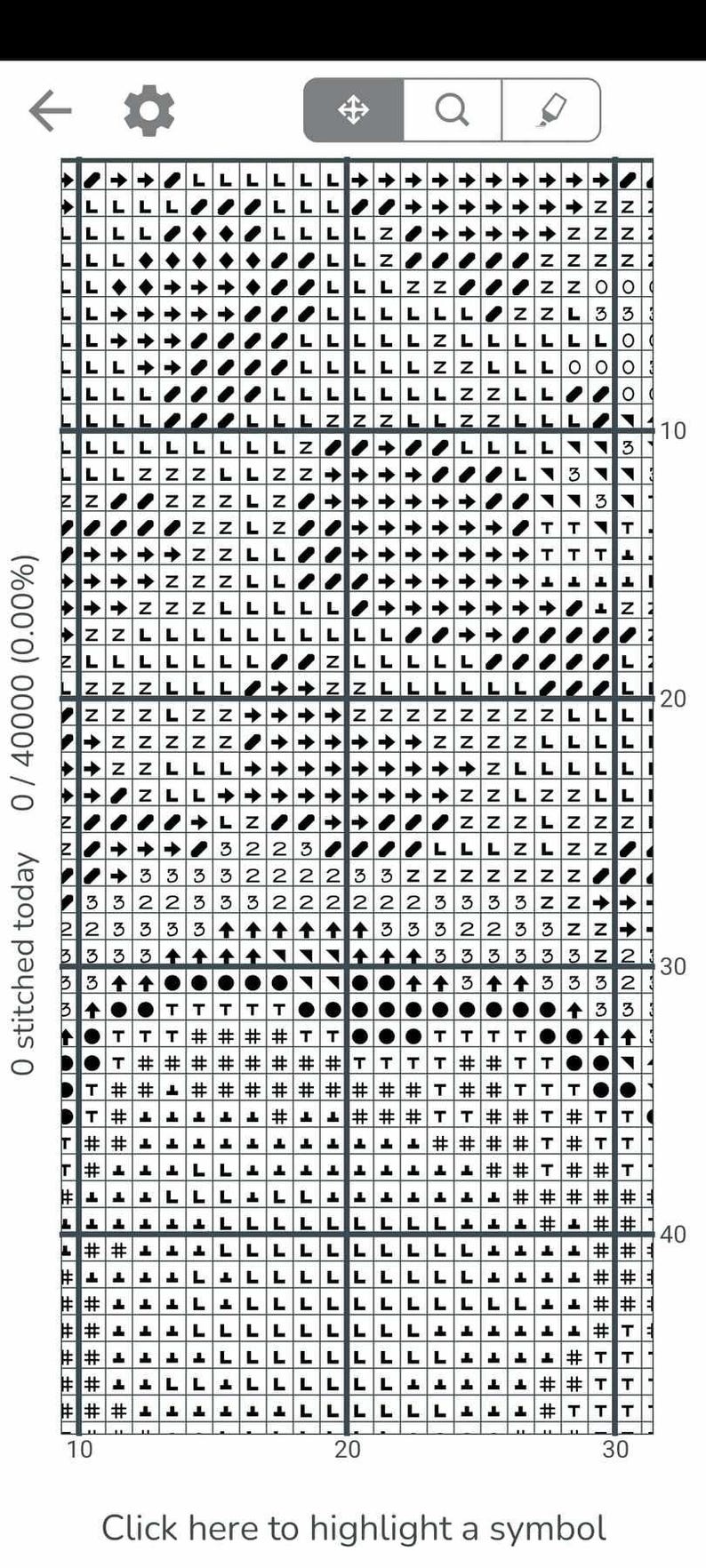 May include: A cross-stitch pattern chart with a grid of symbols including arrows, letters, numbers, and other shapes. The chart is divided into numbered rows and columns, with the text "0 stitched today 0/40000 (0.00%)" at the top.