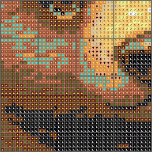 May include: A pixelated cross-stitch pattern featuring a detailed design. The color palette includes shades of brown, teal, yellow, green, and black, creating a textured effect. The pattern includes symbols and numbers.