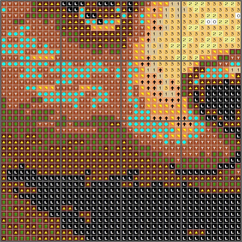 May include: A pixelated cross-stitch pattern featuring a detailed design. The color palette includes shades of brown, teal, yellow, green, and black, creating a textured effect. The pattern includes symbols and numbers.