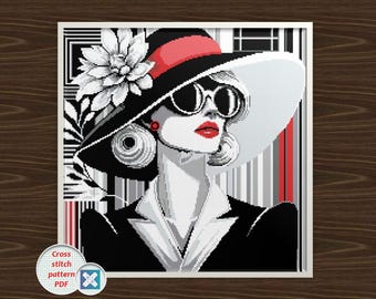 Retro glamour dame kruissteekpatroon: vintage vrouw met hoed (pdf-kleur, wit-zwart, patroonhouder)