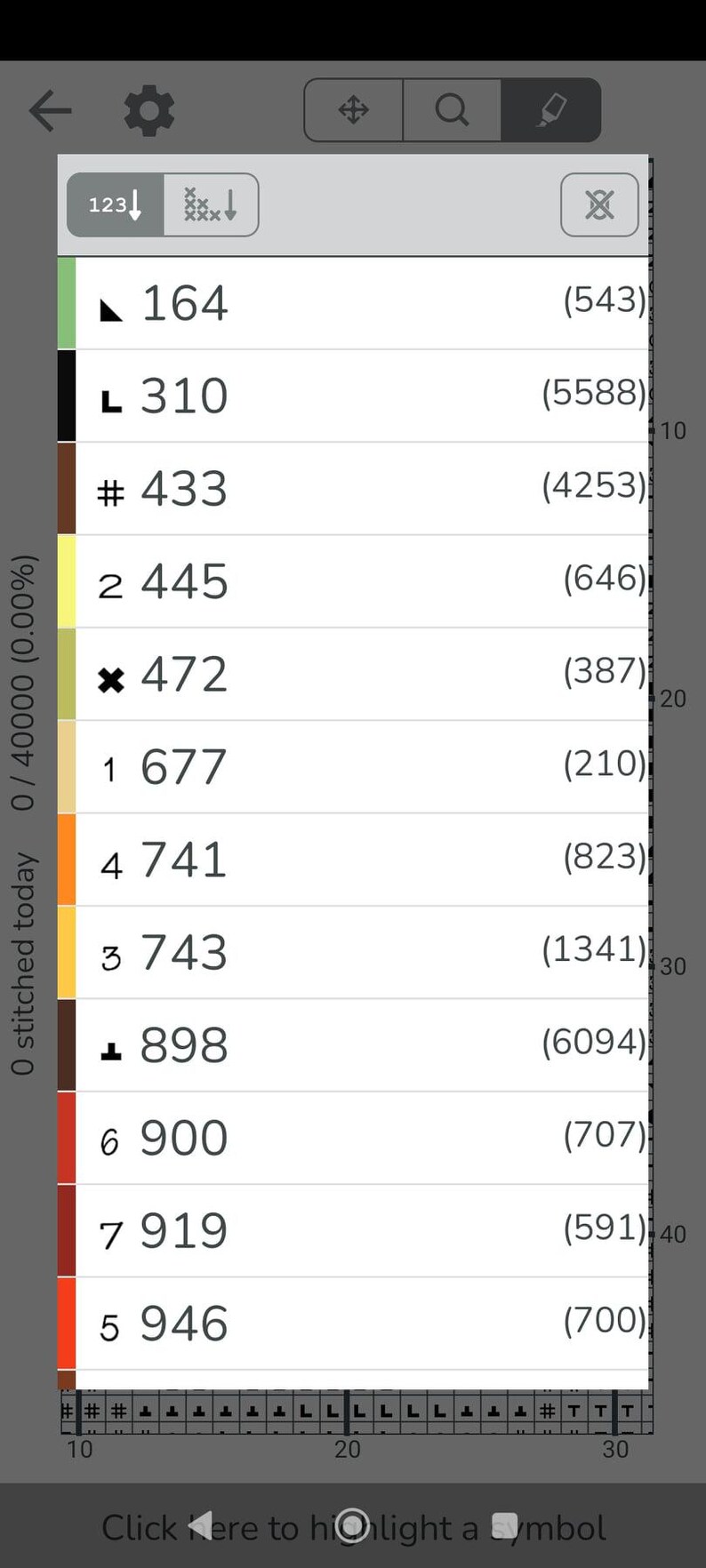 May include: A screenshot of a cross-stitch pattern color chart. The chart displays a list of color codes with corresponding symbols and thread counts. The color codes are in various colors, including green, brown, yellow, orange, and red.