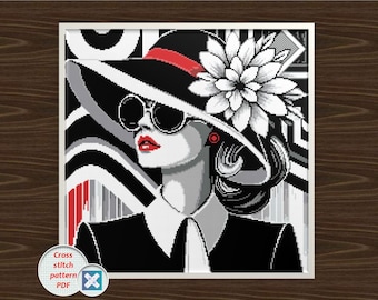 Retro glamour lady kruissteekpatroon: vintage vrouw met hoed (pdf, compatibel met patroonhouder)