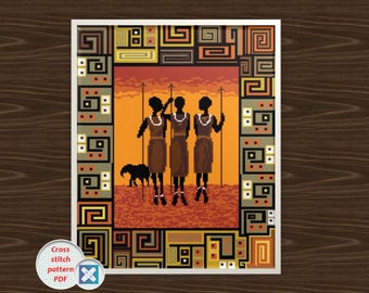 May include: Cross-stitch pattern PDF featuring a framed image of three figures with spears, silhouetted against an orange sunset. A black elephant is in the foreground. The border has geometric patterns in shades of brown, tan, and orange.