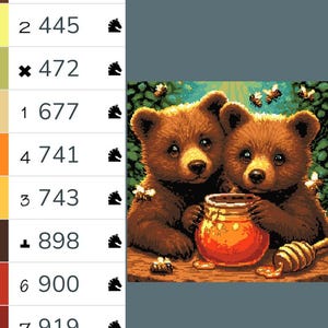 May include: A digital art image of two brown bear cubs with honey and bees. The bears are in a forest setting, with a jar of honey between them. The image has a pixelated style.