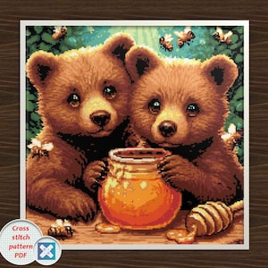 May include: A cross-stitch pattern featuring two brown bear cubs with honey. The bears are holding a jar of honey, with bees buzzing around them. The image has a warm, inviting feel, perfect for a nursery or children's room.