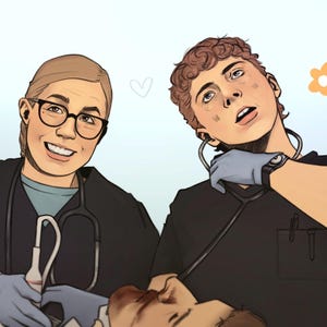 May include: Illustration of two medical professionals, one using an ultrasound device and the other using a stethoscope. Both are wearing scrubs and gloves. The background is light blue with flower and heart illustrations.
