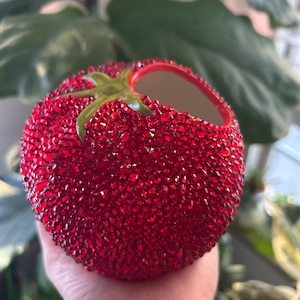 May include: A red, round decorative ceramic planter, resembling a tomato, is covered in small, sparkling red crystals. The planter has a green stem and a large opening. The background is blurred, with green foliage.