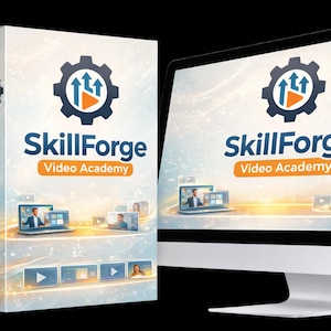 May include: Three white product boxes and a computer monitor display the "SkillForge Video Academy" logo. The logo features a gear with upward-pointing arrows. The boxes and monitor show video thumbnails and a light background.