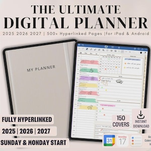 Può includere: Un'agenda digitale con il testo "THE ULTIMATE DIGITAL PLANNER" e "MY PLANNER". L'agenda include gli anni 2025, 2026 e 2027, con oltre 500 pagine con collegamenti ipertestuali. Progettata per iPad e Android.