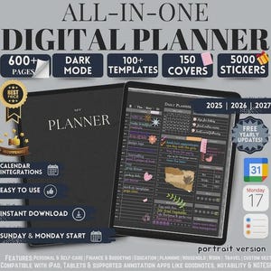 以下が含まれることがあります： 600ページ以上、100以上のテンプレート、150のカバー、5000のステッカーを備えた、ダークモードインターフェースのデジタルプランナー。 iPadやタブレットに対応し、カレンダー連携やインスタントダウンロードも可能です。 プランナーのテキストは「MY PLANNER」です。