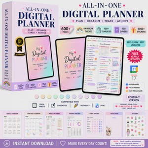 Peut inclure: Un planificateur numérique tout-en-un avec un thème arc-en-ciel, comprenant plus de 600 pages, plus de 100 modèles, 150 couvertures et plus de 5000 autocollants. Compatible avec iPad et tablettes, il inclut des vues annuelles, mensuelles et hebdomadaires.