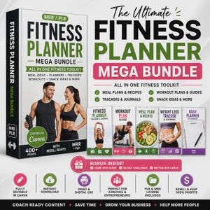 Może przedstawiać: Zestaw mega planera fitness z tekstem "Fitness Planner Mega Bundle" w kolorze zielonym i różowym. Zestaw zawiera plany posiłków, trackery, przewodniki treningowe i pomysły na przekąski. Okładka przedstawia mężczyznę i kobietę w stroju do ćwiczeń.