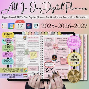 May include: A digital planner with the text "All In One Digital Planner" and features like 1060+ pages, a rainbow theme, 240+ templates, and 200+ cover pages. It includes Google & Apple integration and a "Best Seller" badge.
