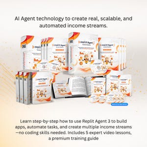 Puede incluir: Imagen promocional de "Replit Agent 3" con libros, CDs y guías. El diseño es naranja y blanco. El texto promueve la tecnología de IA para ingresos automatizados y la creación de aplicaciones.