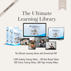 May include: An advertisement for "The Ultimate Learning Library" showing a laptop, tablet, and phone displaying the library's interface. The image also shows boxes with the library's logo and text: "1,000 Cooking Training Videos, 100 Keto Recipe Videos, 200 Fitness Training Videos, 300 Yoga Training Videos."