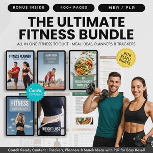 May include: The Ultimate Fitness Bundle graphic with the text "BONUS INSIDE", "400+ PAGES", and "MRR / PLR". The image includes fitness planners, a marathon training guide, and a couple working out with weights. The text "ALL IN ONE FITNESS TOOLKIT" is also visible.