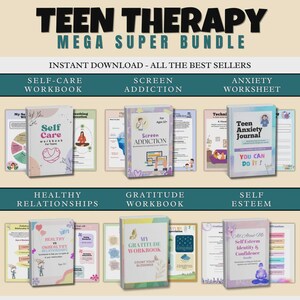 Puede incluir: Una colección de cuadernos de trabajo y diarios para adolescentes, con títulos como "Self-Care Workbook", "Screen Addiction" y "Teen Anxiety Journal". La imagen presenta una combinación de colores turquesa y blanco con el texto "TEEN THERAPY MEGA SUPER BUNDLE".