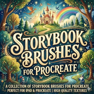 May include: Digital illustration with the text "Storybook Brushes for Procreate." The image depicts a castle, rainbow, dragon, and a knight. The artwork has a whimsical, fantasy theme with a river and trees.