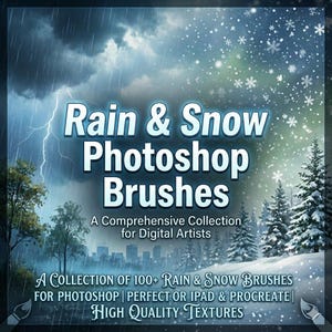 Photoshop-effectborstels regen en sneeuw, penselen regen, sneeuw, motregen en sneeuwstorm voor schilderen en fotomanipulatie, borstelpakket voortplanten