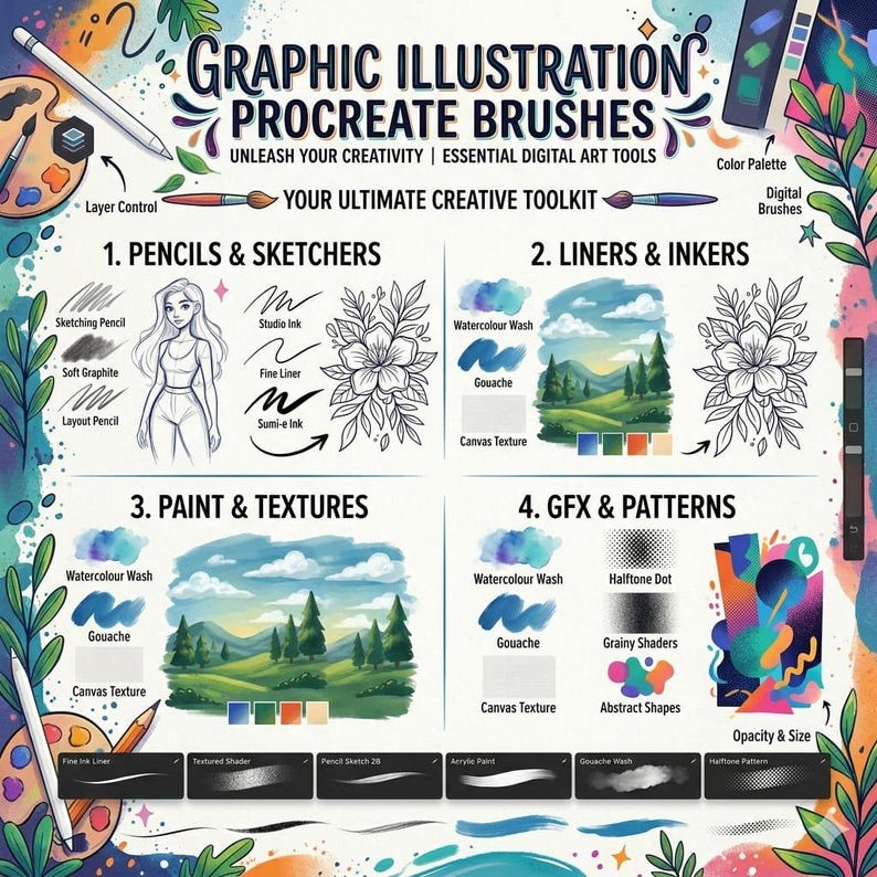 Procreate用グラフィックイラストブラシパック、ざらざらした質感のブラシ、ペイント用レトロインカー＆シェーダー、テクスチャ付きグラフィックアートツールキット 画像 2