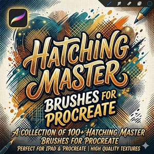 May include: A digital graphic featuring the text Hatching Master Brushes for Procreate in gold lettering. The background displays various hatching patterns in shades of blue, orange, and black, with a Procreate app icon and digital stylus visible.