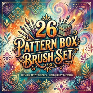 May include: A vibrant, colorful image featuring the text "26 Pattern Box Brush Set" in gold lettering. The image includes paintbrushes, a decorative box, and floral patterns. The background is a mix of teal, orange, and purple hues, with the text "Premium Artist Brushes • High Quality Patterns".
