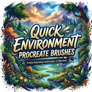 Puede incluir: Una vibrante obra de arte digital que presenta un paisaje exuberante con un río, una cascada y montañas. El texto "Quick Environment Procreate Brushes" se muestra de forma destacada, junto con "Create Stunning Landscapes in Minutes!"