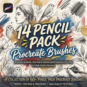 Realistiskt 14-pack pennor för Procreate, Naturliga skiss- och ritpenslar, Penna, Skuggnings- och illustrationspenselset, Omedelbar åtkomst