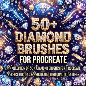 May include: A digital art graphic with the text "50+ DIAMOND BRUSHES FOR PROCREATE". The image features numerous diamond illustrations in various shapes and colours, set against a dark blue and gold background. The text "A COLLECTION OF 50+ DIAMOND BRUSHES FOR PROCREATE" is also visible.