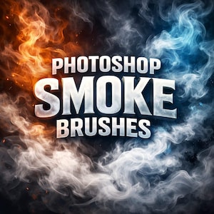 Puede incluir: Imagen digital con el texto "Photoshop Smoke Brushes" en letras blancas en relieve. El fondo es una mezcla de humo naranja, azul y gris, creando un diseño arremolinado y artístico. Ideal para artistas digitales.