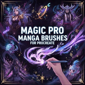 May include: Digital art promoting "Magic Pro Manga Brushes for Procreate." The image features fantasy characters, swirling purple and blue effects, and a hand using a stylus. The text is in white, set against a dark, cosmic background.