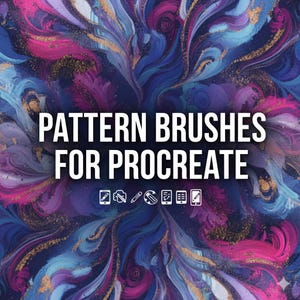 Puede incluir: Diseño de arte digital abstracto en tonos azules, morados, rosas y dorados. El texto "PATTERN BRUSHES FOR PROCREATE" se muestra en blanco, junto con pequeños iconos. El fondo tiene un efecto fluido y veteado.