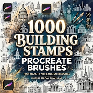 May include: Digital art resource featuring 1000 building stamps and Procreate brushes. The image showcases various architectural illustrations, including the Eiffel Tower and Big Ben, with the text "1000 BUILDING STAMPS PROCREATE BRUSHES".