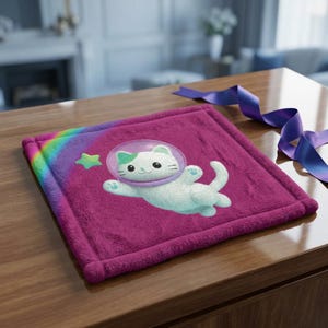 Astronaut Katze greift nach Sternen Minky Baby Decke Lovey | Dunkelrosa Regenbogen
