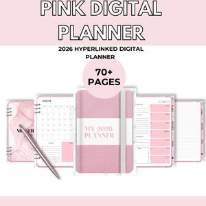 以下が含まれることがあります： 「PINK DIGITAL PLANNER」と「2026 HYPERLINKED DIGITAL PLANNER」の文字が入ったピンク色のデジタルプランナー。70ページ以上のプランナーには、カレンダー、To-Doリスト、メモセクションが含まれています。シルバーのペンも表示されています。