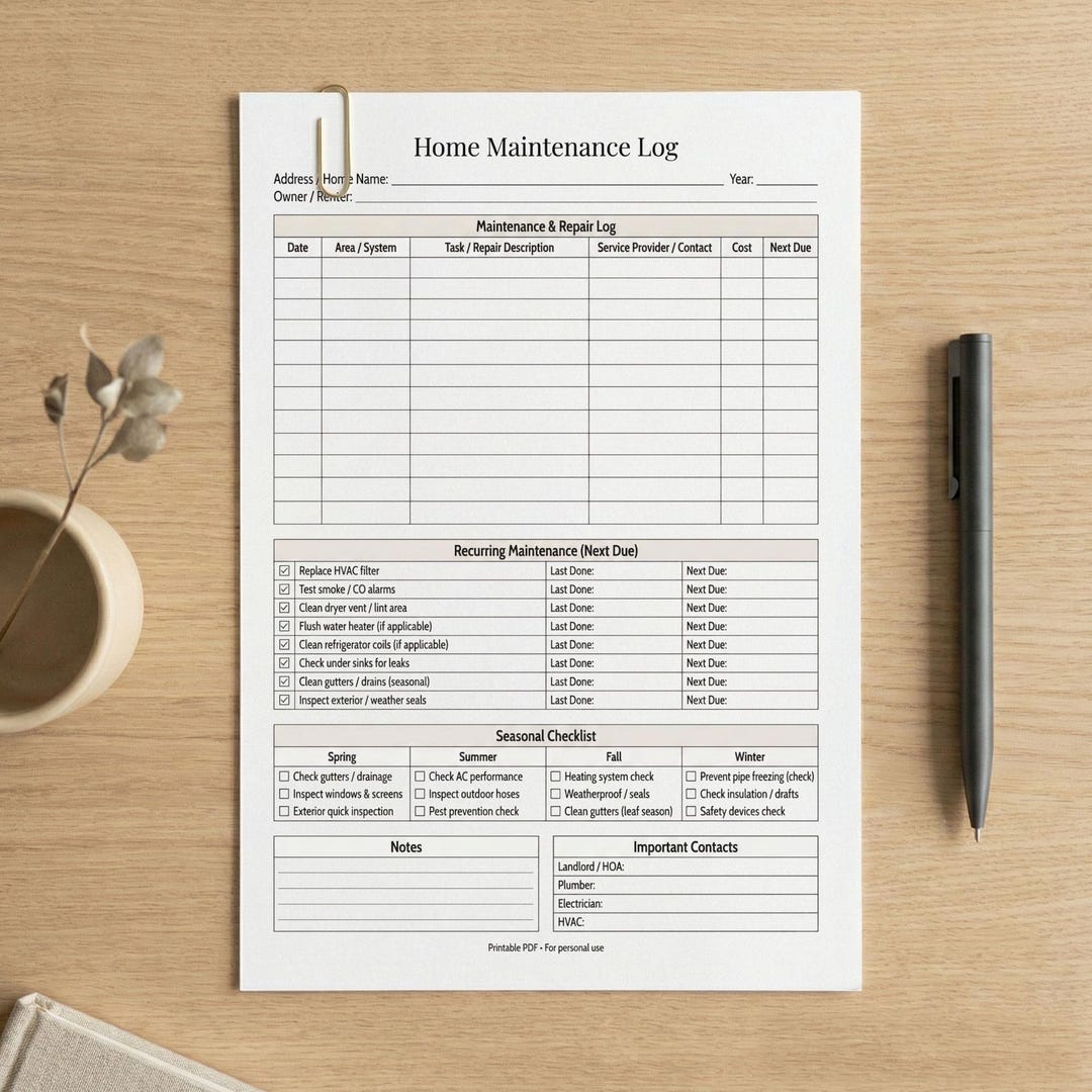 Home Maintenance Log Printable | House Repair Tracker | Monthly and ...