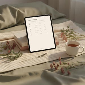 Może przedstawiać: Cyfrowy tablet wyświetlający szablon "Body Double Tracker", spoczywający na stosie książek. W pobliżu biały kubek wypełniony herbatą i gałązki kwiatów. Scena rozgrywa się na łóżku z kocem i prześcieradłami w neutralnych odcieniach.