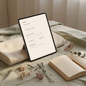 Peut inclure: Une tablette numérique affichant un journal quotidien est posée sur un lit avec une couverture gaufrée pliée. Un carnet, un stylo et des fleurs séchées sont disposés à proximité. L'écran de la tablette affiche du texte, dont "Jour 30".