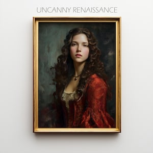 May include: A framed portrait of a woman in a red dress with long, curly brown hair. The painting has a gold frame and the text "UNCANNY RENAISSANCE" at the top. The woman is wearing a necklace and has a fair complexion.