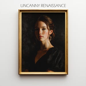 May include: A framed portrait with the text "UNCANNY RENAISSANCE" at the top. The portrait features a woman in a black dress with a V-neck and puffed sleeves. The frame is gold. The woman has brown hair and is wearing gold earrings.
