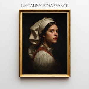 May include: A framed portrait featuring a woman in a white head covering and a red vest over a white shirt. The painting has a dark background and the text "UNCANNY RENAISSANCE" at the top.