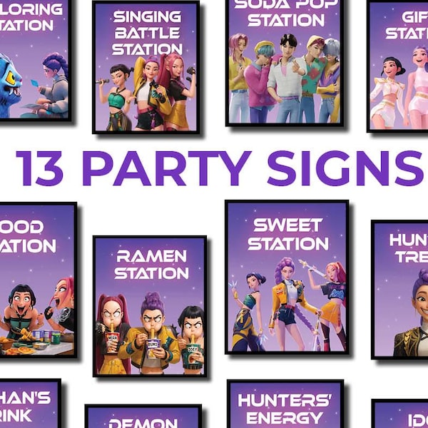 Placas de comida de caçador de demônios K-Pop, pôsteres de bar de ramen e refrigerante | Lembrancinha de festa de aniversário | Etiquetas para mesa de lanches de festa | Download instantâneo