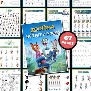 Könnte beinhalten: Ein Zootopia-Aktivitätsbuch mit 67 Seiten, das verschiedene Übungen bietet. Enthält Mal-, Zuordnungs- und Ausmalbilder mit Charakteren aus dem Film. Das Cover zeigt Judy Hopps, Nick Wilde und eine Schlange. Die Seiten enthalten Übungen für Zahlen, Buchstaben und Formen.