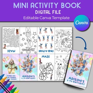 May include: A digital mini activity book template with the text "MINI ACTIVITY BOOK DIGITAL FILE Editable Canva Template". The book features mazes, colouring pages, and a cover with the text "ADISON'S 5 TH BIRTHDAY".