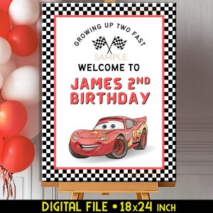 May include: A birthday party sign featuring a red race car illustration and the text "Growing Up Two Fast". The sign says "Welcome to James 2nd Birthday". The sign is 18x24 inches and has a black and white checkered border.