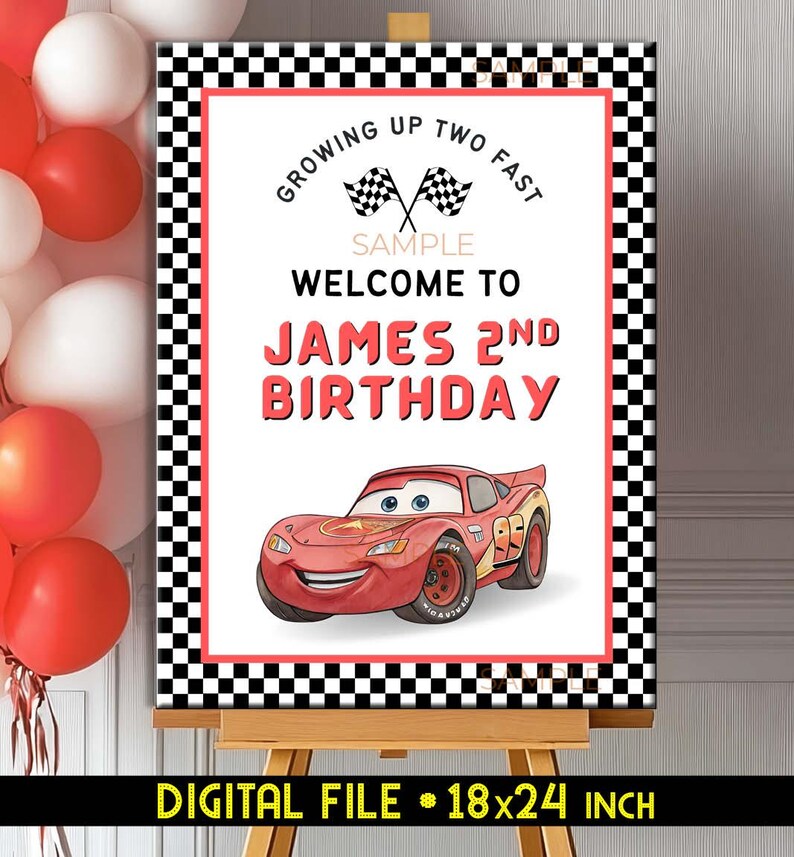 May include: A birthday party sign featuring a red race car illustration and the text "Growing Up Two Fast". The sign says "Welcome to James 2nd Birthday". The sign is 18x24 inches and has a black and white checkered border.