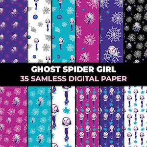 Może przedstawiać: Kolekcja 35 bezszwowych wzorów papieru cyfrowego z Ghost Spider Girl. Wzory obejmują różne schematy kolorów z pajęczynami, ilustracjami Ghost Spider Girl i innymi powiązanymi grafikami. Kolory obejmują fioletowy, morski, biały i czarny.